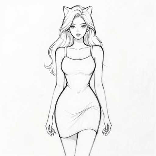 This black-and-white sketch features a young woman with long, wavy hair cascading down to her waist. She is depicted wearing a form-fitting dress that accentuates her figure, with thin straps and a slightly asymmetrical hemline that is higher on the right side. The dress, which appears to be made of a stretchy material, clings to her curves, particularly highlighting her pronounced bust and slender waist. Her arms hang naturally by her sides, with her hands slightly curled. The woman's face is adorned with large eyes, long eyelashes, and a small mouth, giving her a delicate and expressive appearance. Atop her head, she wears a pair of cat ears, adding a whimsical touch to the otherwise elegant and detailed illustration.