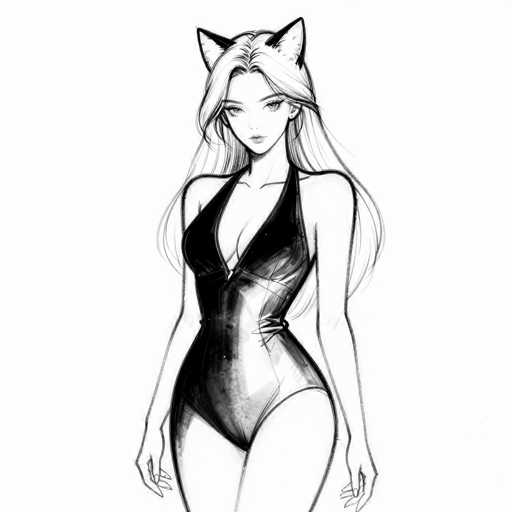 This black and white sketch features a young woman with long, flowing hair that cascades down her back. She is adorned with cat ears, adding a whimsical touch to her appearance. Her attire is a one-piece bathing suit, which is accentuated with a ribbon tied at the side. The woman's hands rest gently at her sides, and she gazes directly at the viewer with a serene expression. The drawing captures her from the top of her head down to just below her knees, emphasizing her graceful and poised demeanor.