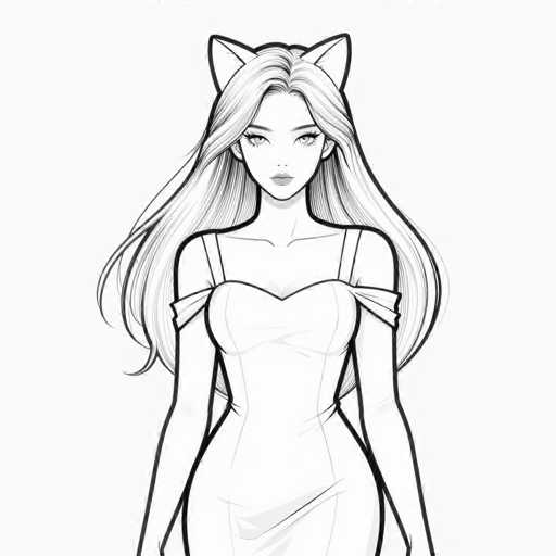 This black and white illustration features a young woman with long, flowing hair that cascades down to her waist. She is depicted wearing a dress with thin straps that elegantly cross over her shoulders. Her facial features are delicate, with a small nose and full lips. Notably, she has cat-like ears protruding from the top of her head, adding a whimsical touch to her appearance. The woman's arms hang naturally by her sides, and the overall composition of the image is simple yet striking, with a plain white background that accentuates the detailed linework of the drawing.