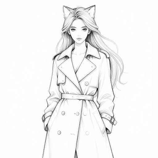 This black and white illustration features a young woman, likely in her late teens or early twenties, with long, flowing hair that cascades down her back. She has a delicate, anime-inspired face with large, expressive eyes and a small mouth. Her hair is parted in the middle, and she wears a pair of cat ears, adding a whimsical touch to her appearance. She is dressed in a long, double-breasted trench coat that extends to her knees. The coat is detailed with a belt cinched at the waist, large buttons down the front, and additional buttons on the sleeves. The trench coat also features a prominent collar and belt buckles on the cuffs. The woman stands with her hands in her pockets, looking directly at the viewer, exuding a sense of confidence and poise.