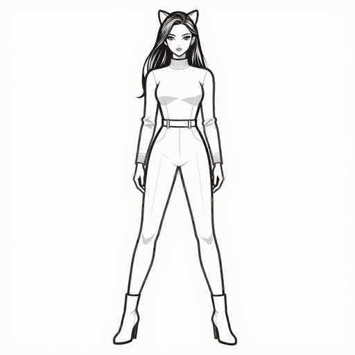 This black and white illustration features a young woman with long, flowing black hair that cascades down to her waist. She is depicted wearing a form-fitting, long-sleeved turtleneck top that extends down to her wrists. Her outfit is completed with matching pants that are cinched at the waist with a belt, and she is wearing high-heeled boots that reach up to her ankles. The woman's hands are positioned at her sides, and she gazes directly at the viewer with a neutral expression. Adding a whimsical touch to her appearance, she has cat ears protruding from the top of her head. The overall style of the drawing is reminiscent of a comic book or manga character, with clean lines and a focus on her distinct features.
