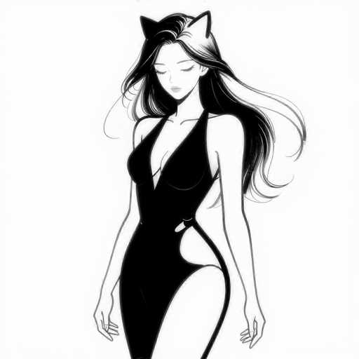 This black and white illustration features a woman with long, flowing hair that cascades down her back. She is adorned in a sleek black dress that accentuates her figure, with a unique cutout on the side that adds an intriguing element to her attire. The woman's eyes are gently closed, and her head is tilted slightly downward, giving her a serene and contemplative expression. Her lips are painted a soft pink, adding a subtle touch of color to the monochromatic scene. The overall composition captures a moment of quiet elegance and grace.
