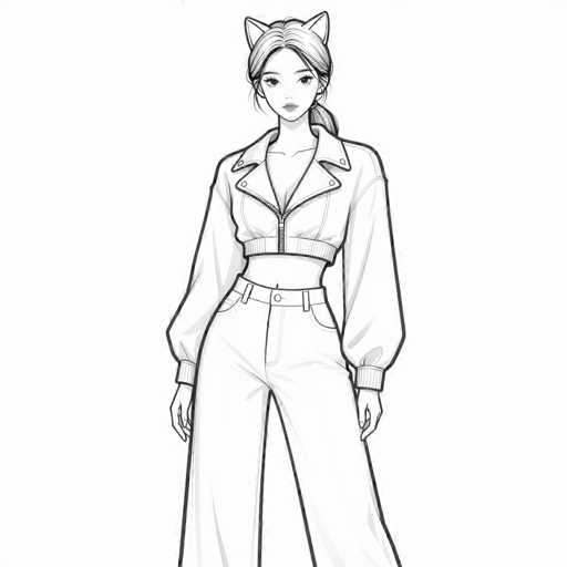 A stylish, full-body sketch of a young woman in a modern outfit. The drawing is in black and white, with clean, confident lines suggesting a fashion illustration style. She's wearing a cropped, long-sleeved jacket with a zipper detail and wide-leg pants. Her hair is styled in a low ponytail, adorned with cat-ear-shaped accessories. The overall pose is poised and fashionable, emphasizing a contemporary aesthetic.