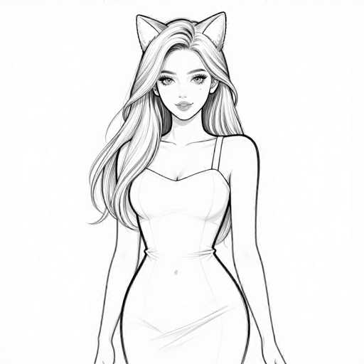 This black and white illustration features a young woman with long, flowing hair that cascades down to her waist. She is depicted wearing a form-fitting dress that accentuates her figure, with a single strap over her left shoulder and no strap on the right. The dress is detailed with a line across the midriff, suggesting a belt or waistband. Her facial features are distinct, with large eyes adorned with long eyelashes, a small nose, and full lips. Notably, she has cat ears protruding from the top of her head, adding a whimsical touch to her appearance. The image captures her from the top of her head down to just below her hips, with her arms hanging naturally by her sides. The background is plain white, emphasizing the intricate details of her attire and features.