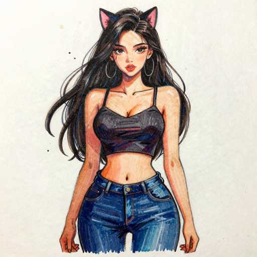 This detailed illustration depicts a young woman with long, flowing black hair cascading past her waist. She is adorned with large hoop earrings and has a pair of pink cat ears perched atop her head. Her attire includes a black tank top that reveals her midriff, paired with blue jeans. The woman's facial features are striking, with large eyes, a small nose, and full lips. The background is a simple, light gray, which accentuates the vibrant colors and intricate details of her appearance.