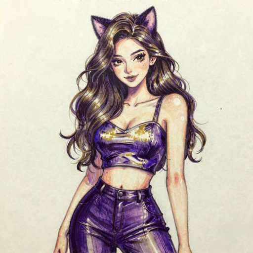 This image features a detailed drawing of a young woman, likely in her late teens or early twenties, with long, wavy brown hair that cascades down to her waist. She has a fair complexion and is adorned with cat ears, which are black with pink interiors, adding a whimsical touch to her appearance. Her attire consists of a purple halter top with gold accents, revealing her midriff, and matching purple pants that are secured with a black belt. The woman is depicted with a slight smile, her head tilted slightly to the left, and she is looking directly at the viewer. The background is a light gray, providing a neutral backdrop that highlights her vibrant outfit and features.