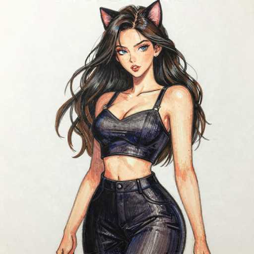 This detailed illustration features a young woman with long, flowing brown hair that cascades down to her waist. She has striking blue eyes and is adorned with cat ears, adding a whimsical touch to her appearance. Her outfit consists of a black leather bra top that reveals her midriff, paired with matching black leather pants. The ensemble is cinched at the waist with a black leather belt, completing her edgy look. The woman stands against a plain white background, which accentuates her bold and unique style.