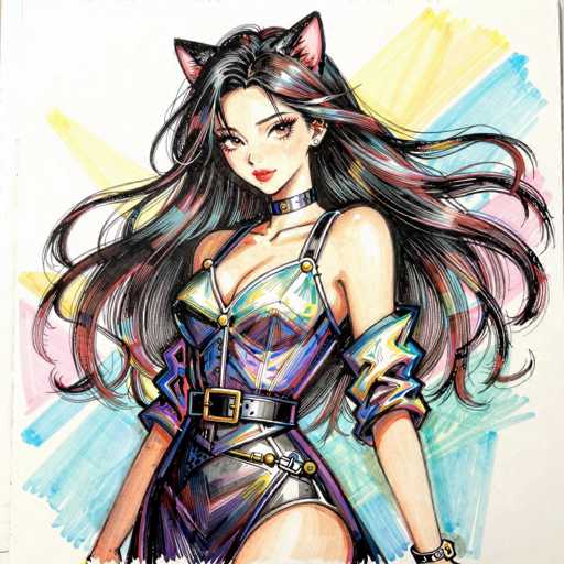 This image features a detailed drawing of a young woman with long, flowing black hair that cascades down to her waist. Her hair is adorned with cat ears, adding a whimsical touch to her appearance. She is dressed in a striking outfit that includes a choker collar and a dress with a single strap on her left shoulder, while her right shoulder remains bare. The dress is accentuated with a belt that has a prominent buckle. Her arms are positioned at her sides, and her legs are visible, suggesting a confident stance. The background is a vibrant mix of colors, including shades of yellow, blue, pink, and green, creating a dynamic and lively atmosphere. The overall composition is square-shaped, with the woman as the central focus, exuding a sense of strength and elegance.