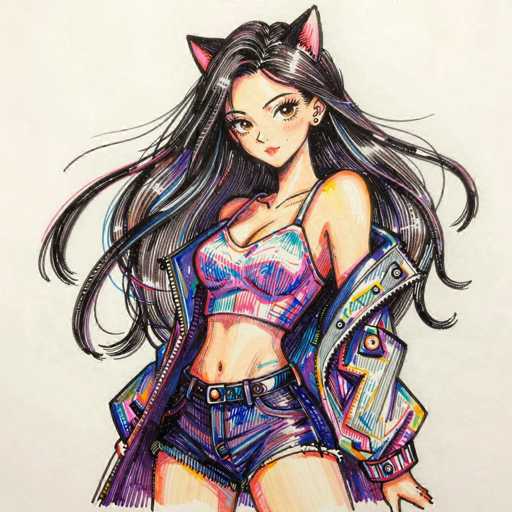 This image features a detailed drawing of an anime-style female character. She has long, flowing black hair adorned with pink cat ears. Her expressive brown eyes and small, pointy nose are complemented by a subtle red lip. She is dressed in a vibrant pink sports bra with blue and green accents, paired with very short blue jean shorts. A black belt with a gold buckle cinches her waist. Over her outfit, she wears a jacket decorated with an array of colorful shapes and patterns in shades of pink, blue, yellow, and green. The character's pose is dynamic, with her left arm extended behind her and her right arm resting on her hip. She stands against a plain white background, emphasizing her colorful attire and distinctive features.