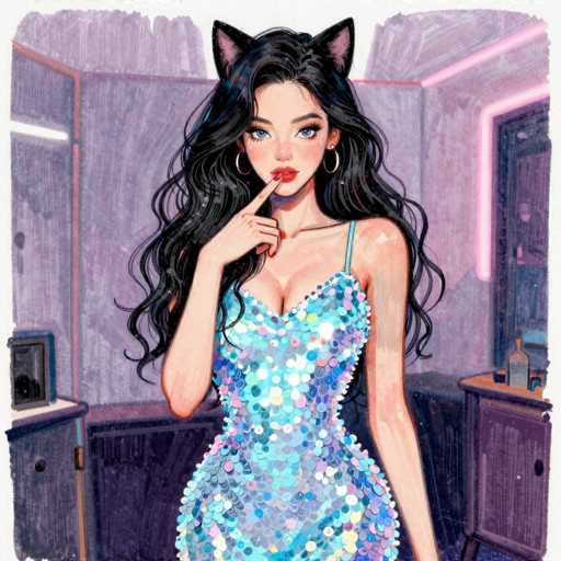 This image features a detailed, cartoon-style drawing of a young woman with long, wavy black hair and striking blue eyes. She is adorned with large hoop earrings and wears a sequined dress in shades of blue, pink, and white. The dress has thin straps and a low neckline, accentuating her cleavage. Her right hand is raised to her lips, with her index finger touching her bottom lip, while her other fingers rest on her chin. She has red lipstick and a red ring on her finger. The woman is positioned in the center of the image, looking directly at the viewer.

The background depicts a room with purple walls and a pink neon light outlining a doorway on the right side. There are two dressers, one on each side of the image, with a mirror on the wall behind her. The dresser on the right has a bottle of alcohol and a glass on top of it. The dresser on the left has a small black object, possibly a radio, and a mirror. The overall setting appears to be a bedroom, adding a personal and intimate atmosphere to the scene.