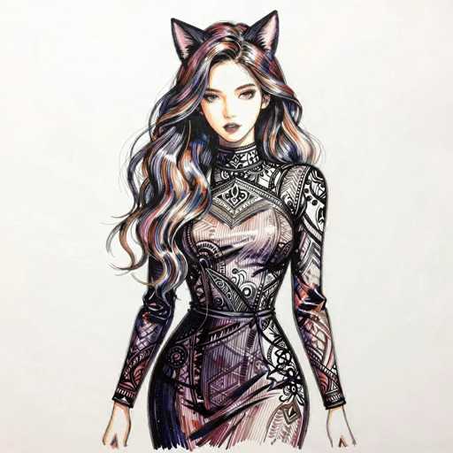 The image features a detailed drawing of a young woman with long, wavy hair that cascades down to her waist. Her hair is a blend of brown, black, and hints of pink, with some strands appearing almost blonde. She has striking dark red lips and is adorned with cat ears on top of her head, adding a whimsical touch to her appearance. She is dressed in a form-fitting, long-sleeved dress that is predominantly black with intricate patterns and designs in shades of pink, purple, and blue. The dress has a high collar and a V-neck, accentuating her slender figure. Her arms are positioned at her sides, and the background of the image is a light gray, which contrasts with the vibrant colors of her attire. The overall style of the drawing is reminiscent of anime, with a focus on the character's expressive features and detailed clothing.