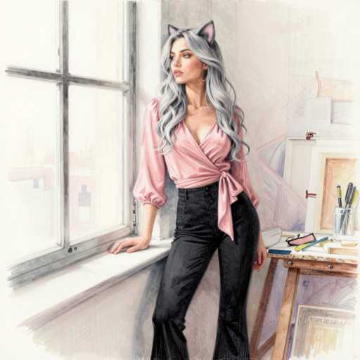 The image depicts a detailed drawing of a woman standing in a room. She has long, wavy gray hair that cascades down to her chest, and she is wearing a pink top with a low neckline that ties at the waist, revealing her midriff. Her outfit is completed with black pants. The woman is adorned with pink cat ears, adding a whimsical touch to her appearance. She is positioned with her left hand resting on a windowsill, gazing out the window. The window is divided into four sections by a crossbar, and the window frame is white. The wall behind her is also white, creating a clean and minimalist backdrop. To her right, there is a desk with a brown wooden frame and a white top, cluttered with various items including a glass jar filled with pens and pencils. The overall scene is rendered in a soft, pastel color palette, giving the image a gentle and serene atmosphere.