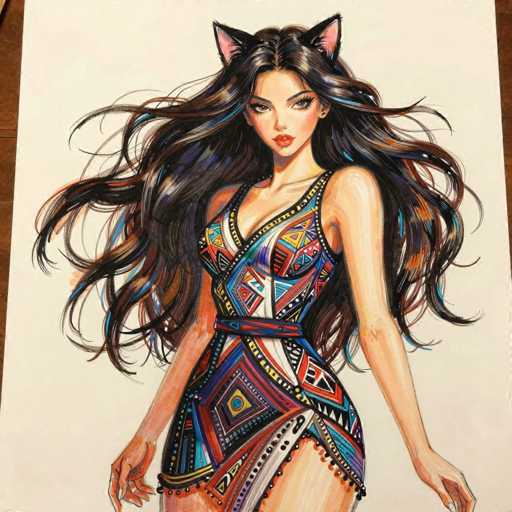 This detailed illustration features a young woman with long, flowing black hair adorned with subtle blue and brown highlights. She has striking cat ears, pink on the inside, adding a whimsical touch to her appearance. Her facial features are accentuated with red lipstick, and she wears a sleeveless dress that is both colorful and intricate. The dress is a vibrant mix of geometric patterns, including triangles, diamonds, and circles, in a palette of red, blue, yellow, and white. The dress is cinched at the waist with a matching belt, and it has a high slit that reveals her leg. The woman is depicted with her arms slightly outstretched, as if she is about to take a step. The background is a simple white, with a hint of a brown table visible on the left side, suggesting the illustration is placed on a surface. The overall style of the artwork is reminiscent of a detailed comic book drawing, capturing the essence of a dynamic and expressive character.