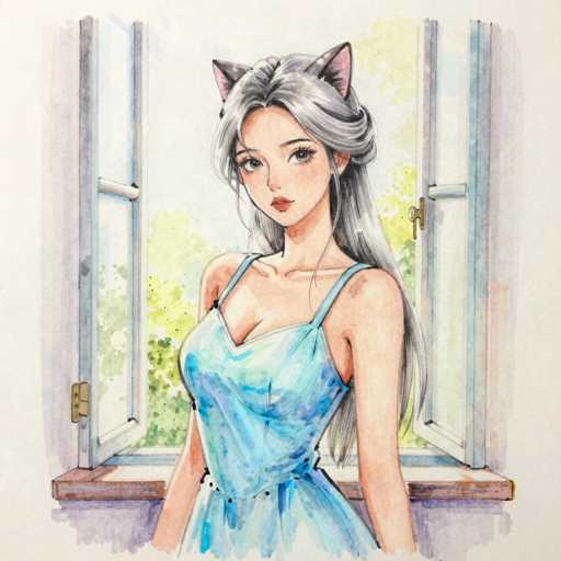 This detailed watercolor painting depicts a young woman with long, grayish-white hair styled in a bun with bangs framing her face. She has striking blue eyes and wears pink cat ears on her head, adding a whimsical touch to her appearance. Her attire consists of a sleeveless blue dress adorned with black buttons along the top and bottom edges, which reveals a hint of cleavage. The woman stands in front of an open window with white trim, through which lush green trees are visible, suggesting a serene outdoor setting. The window features a gold-colored latch on the right side, and the wall behind her is painted in a soft purple hue. The overall composition captures a blend of realism and fantasy, with the woman's serene expression and the tranquil natural backdrop creating a captivating scene.