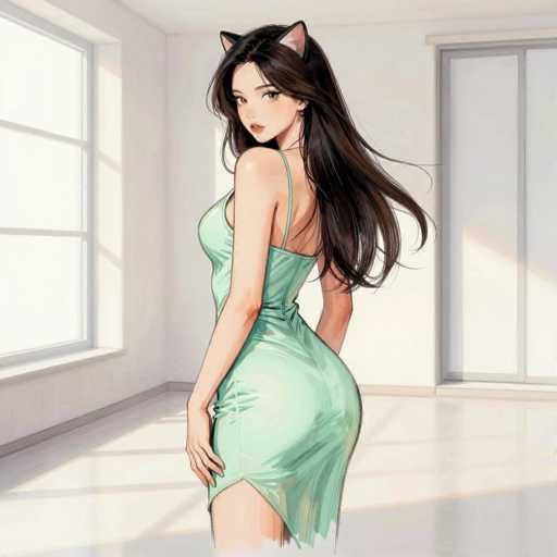 The image depicts a detailed drawing of a young Asian woman with long, dark brown hair cascading down her back. She is adorned with black cat ears that feature pink inner linings. The woman is dressed in a light green, form-fitting dress that accentuates her figure, with thin straps over her shoulders and a high slit on the left side. Her hands are positioned behind her back, and she is gazing over her left shoulder directly at the viewer. The setting is a minimalist room with white walls, a window on the left side, and a sliding glass door on the right. The floor is also white, and the overall scene is bathed in natural light, highlighting the simplicity and elegance of the environment.