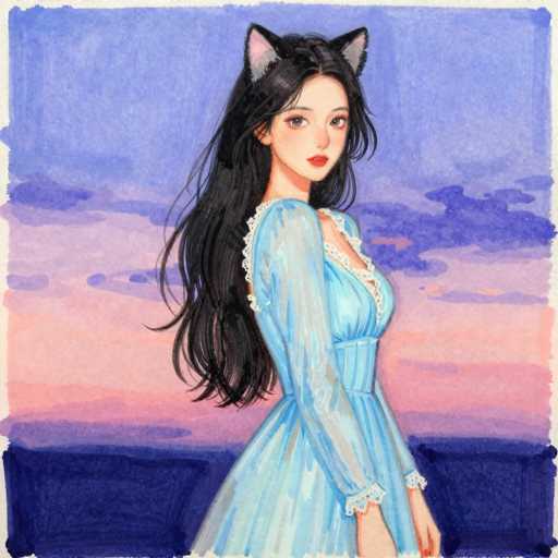 The image depicts a young woman with long, dark hair cascading down her back. She is adorned in a light blue dress featuring intricate lace details around the neckline, sleeves, and hem. The dress has a deep V-neckline that adds a touch of elegance to her appearance. Her striking red lips stand out against her fair complexion, and her large, expressive eyes are accentuated by her long eyelashes. Atop her head, she wears a pair of cat ears, adding a whimsical touch to her look. The background is a mesmerizing blend of colors, with a gradient of blue at the top transitioning into shades of pink and purple, creating a dreamy atmosphere. The bottom of the image is dominated by a deep blue hue, which contrasts beautifully with her light blue dress. The overall composition exudes a sense of fantasy and charm, capturing the viewer's attention with its vibrant details and enchanting elements.