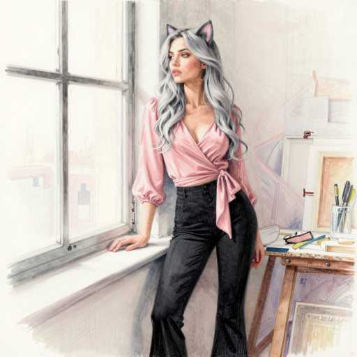 A digital painting in a soft, painterly style depicts a woman with long, flowing silver hair and cat ears leaning against a window. She's wearing a pink wrap top tied at the waist, paired with high-waisted black flared pants. Her expression is serene as she gazes out of the window, her gaze directed towards a distant cityscape. The background is softly blurred, suggesting an art studio setting with various art supplies and canvases visible in the periphery. The overall color palette is muted, with soft grays, pinks, and blacks dominating the scene. The lighting appears to be natural light filtering through the window, casting subtle shadows on the floor and walls. The style is reminiscent of a digital sketch or illustration, with visible brushstrokes adding texture to the image.