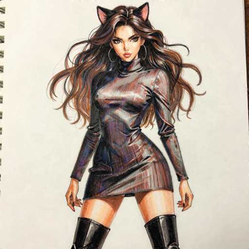 This detailed illustration, likely created with colored pencils or markers, depicts a young woman in her 20s or 30s with long, wavy brown hair cascading past her shoulders. She has striking features, including large hoop earrings, long eyelashes, and red lips. Her attire is a form-fitting, shiny dress that reaches her upper thighs, adorned with a mix of black, red, and white stripes. The dress has long sleeves and a turtleneck design. She completes her outfit with knee-high black boots. The woman is positioned centrally in the image, gazing directly at the viewer, and the background is a plain white, suggesting the illustration is on a piece of paper from a spiral-bound notebook, as indicated by the visible binding on the left side.