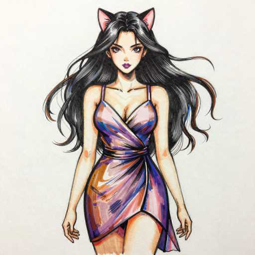 This image features a detailed drawing of a young woman, likely in her late teens or early twenties, with long, flowing black hair that cascades down to her waist. She has a light complexion and is adorned with pink cat ears on top of her head. Her attire is a striking, multicolored dress that combines shades of pink, purple, blue, and orange, with a design that includes a sash around her waist and a high slit on the right side, revealing her leg. The dress is sleeveless with thin straps over her shoulders. She has dark purple lipstick and is looking directly at the viewer with a neutral expression. The background of the image is a light gray, and the drawing style suggests it was created using colored pencils or markers. The overall composition is square, with the woman centered in the frame.
