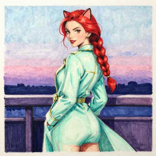 The image depicts a detailed watercolor painting of a young woman with vibrant red hair styled in a long braid that drapes over her left shoulder. She has striking orange eyes and is adorned with red cat ears, adding a whimsical touch to her appearance. The woman is dressed in a light green trench coat, cinched at the waist with a gold belt, and she has her hands tucked into the coat's pockets. She stands on a balcony with a purple railing, gazing over her right shoulder with a slight smile. The background features a serene landscape with a blue sky transitioning into shades of pink and purple, suggesting a sunset. Below the sky, there is a dark blue silhouette of trees and a body of water, enhancing the tranquil atmosphere of the scene.