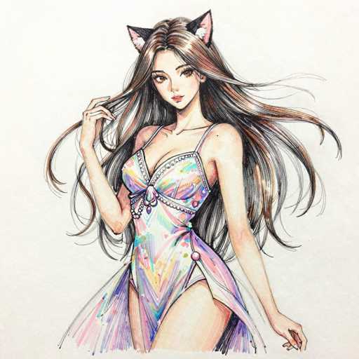 This image features a detailed drawing of a young woman, likely in her late teens or early twenties, with long, flowing brown hair that cascades down to her waist. She has a fair complexion and is adorned with black cat ears that have pink interiors and white tufts of fur. Her attire is a striking, multicolored one-piece dress that combines elements of a swimsuit and a dress, with thin straps over her shoulders and a high slit on the side, revealing her leg. The dress is decorated with intricate patterns, including pink, purple, yellow, and blue, and features a bow at the front. The woman is posed with her left hand resting on her hip and her right hand gently touching her hair. She gazes directly at the viewer with large, expressive eyes, adding a touch of allure to her overall appearance.
