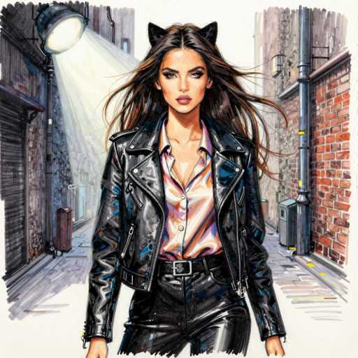 A stylish woman with long, flowing dark hair and cat ears is walking down a dimly lit city alleyway. She's wearing a black leather jacket, a patterned shirt, and shiny black pants with a wide belt. The alleyway is narrow and lined with brick walls on either side, with a single spotlight illuminating the woman from above. The overall style is detailed and artistic, with a focus on texture and lighting.