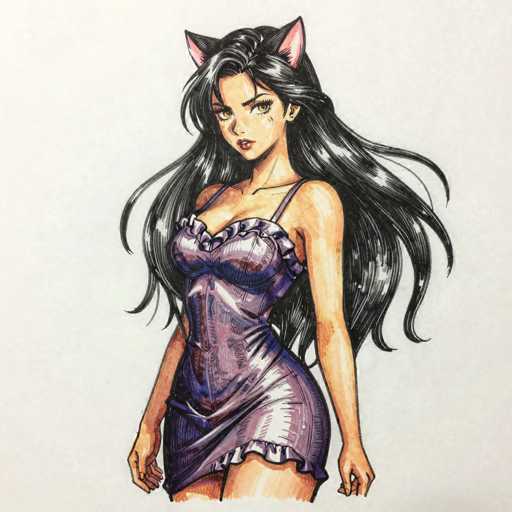 The image depicts a detailed drawing of a young woman with long, flowing black hair that cascades down to her waist. She has striking yellow eyes and is adorned with pink cat ears on top of her head. The woman is wearing a purple nightgown that features ruffles around the chest and hem, and it has thin straps over her shoulders. Her arms are positioned at her sides, with her hands slightly clenched. The background is a light gray, and the overall style of the drawing is reminiscent of anime or manga. The woman's expression is neutral, and she is looking directly at the viewer.