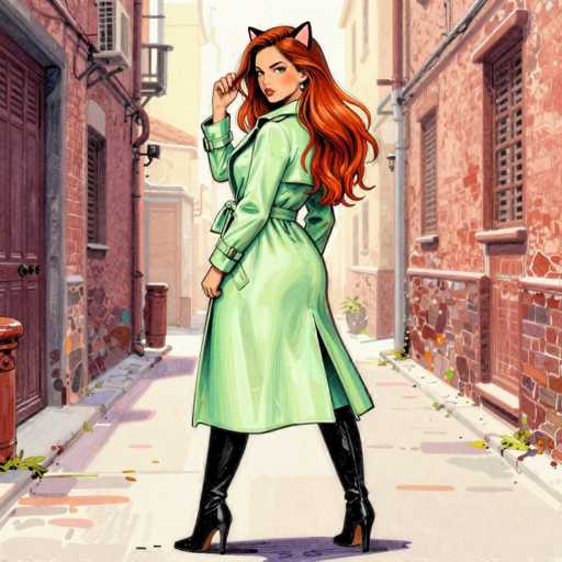 The image depicts a detailed cartoon drawing of a young woman with long, flowing red hair that cascades down her back. She is wearing a light green trench coat that extends to her knees, cinched at the waist with a matching belt. Her outfit is completed with knee-high black boots that have high heels. The woman has pink cat ears protruding from the top of her head, adding a whimsical touch to her appearance. She is standing in the middle of an alleyway, with her body facing away from the viewer but her head turned to look back over her shoulder. Her right hand is raised, touching the end of her hair, while her left hand rests by her side. The alleyway is flanked by two-story brick buildings on both sides, with a third building visible in the background. The buildings are adorned with various items, including trash cans, air conditioning units, and pipes. The ground is a light gray color, and the scene is set against a white sky, giving it a bright and clear atmosphere.