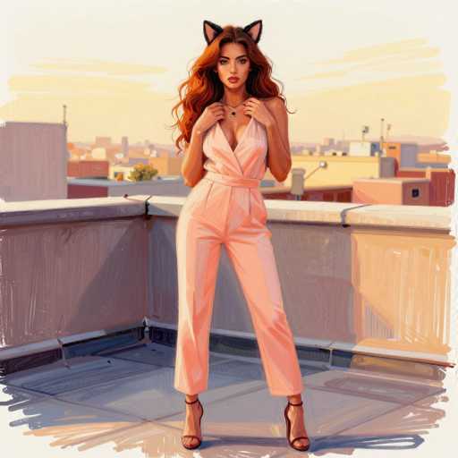 A vibrant, cartoon-style illustration depicts a young woman standing on a rooftop balcony. She has long, wavy red hair cascading down her shoulders and is adorned with black cat ears. Her attire consists of a peach-colored jumpsuit with a plunging neckline, complemented by a matching belt. She accessorizes with a black necklace featuring a small pendant. Her hands are raised to her chest, gripping the collar of her jumpsuit, and she wears open-toed high heels. The rooftop is tiled in gray, and the background reveals a cityscape with various buildings, some topped with TV antennas. The sky above is a blend of white and yellow hues, adding a dynamic atmosphere to the scene.