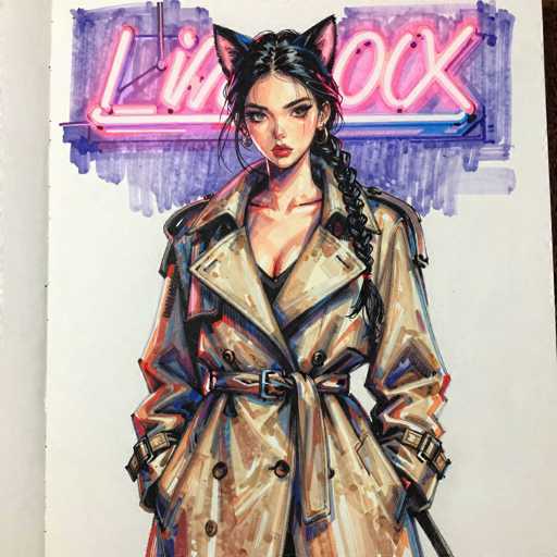 This detailed illustration depicts a young woman with long black hair styled in a braid that drapes over her left shoulder. She has striking cat ears, pink on the inside, and wears hoop earrings. Her attire includes a tan trench coat with a black belt and buttons, which is tied at the waist. The coat features a mix of colors, including blue, red, and purple, giving it a vibrant, multicolored appearance. Underneath the coat, she wears a black shirt. The woman has a serious expression, with red lips and a small mole on her left cheek. She stands with her hands in her pockets, and a sword is visible at her side. Behind her, a neon sign with the letters "L-I-N-O-O-K" is displayed against a purple background, adding a neon glow to the scene. The overall style of the image is reminiscent of a comic book or graphic novel.