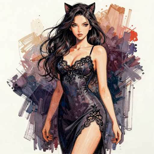This image features a detailed, artistic rendering of a woman with long, flowing black hair that cascades down to her waist. She is adorned in a black dress that accentuates her figure, with the fabric elegantly draped over her chest and extending down to her upper thigh. The dress is embellished with intricate lace details, particularly noticeable on the chest area and the upper thigh. The woman's arms are positioned at her sides, and she gazes directly at the viewer with a composed expression. Her hair is styled with two prominent black cat ears, adding a whimsical touch to her appearance. The background is a vibrant mix of colors, including shades of purple, blue, red, and orange, creating a dynamic and eye-catching contrast to the simplicity of her attire.