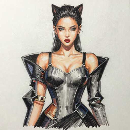 A detailed pencil drawing of a woman in a futuristic, armored outfit. The drawing is rendered with fine lines and shading to create depth and texture. She has long, dark hair styled in a sleek ponytail with cat-like ears attached to it. Her face is expressive, with piercing eyes and red lipstick. The armor appears to be a mix of silver and black materials, with intricate details like buckles and straps. The overall style is detailed and artistic, showcasing a blend of fantasy and futuristic elements.