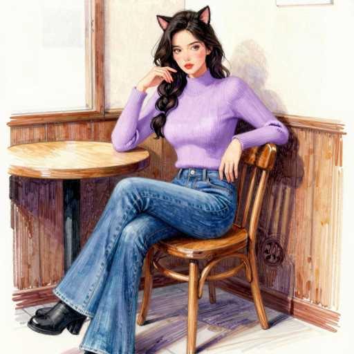 A digital illustration of a young woman with long, dark hair and cat ears, wearing a purple turtleneck sweater and blue flared jeans. She is sitting on a wooden chair in a cozy, rustic setting with a small round table and window. The style is reminiscent of a detailed pencil sketch with soft shading, giving it a warm and inviting feel. The woman is looking directly at the viewer with a gentle expression, her hand resting on her chin.