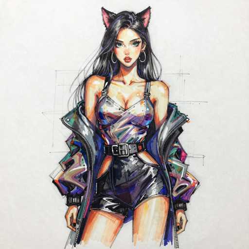This image features a detailed, colored pencil drawing of a young woman, likely in her late teens or early twenties, with a distinct anime-inspired style. She has long, flowing black hair that cascades down to her waist, and her striking blue eyes are accentuated by her red lips. Her attire is a form-fitting, metallic silver outfit that includes a halter top with thin straps and shorts, both made of shiny material. A black belt with a silver buckle cinches her waist. She also wears large hoop earrings and has pink cat ears protruding from her head. Draped over her shoulders is a multicolored jacket, featuring shades of pink, purple, blue, and green, with a gray interior. The background is a light gray, and the image captures her from the top of her head down to her thighs, with her arms hanging naturally by her sides.