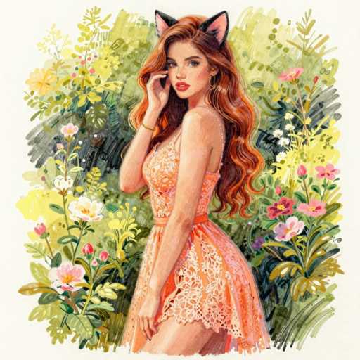 This detailed painting depicts a young woman with long, wavy red hair cascading down her back. She is adorned with black cat ears that feature pink interiors, adding a whimsical touch to her appearance. Her striking red lips and dark eyes are accentuated by her gold hoop earrings. She is dressed in a sleeveless, lacy orange dress that reveals her legs, and she wears a matching orange belt around her waist. Her right hand is raised to her face, while her left hand rests by her side. The background is a vibrant array of colorful flowers and lush greenery, set against a white backdrop, creating a vivid contrast that highlights the subject. The overall style of the painting is reminiscent of watercolor, with soft, flowing lines and a harmonious blend of colors.