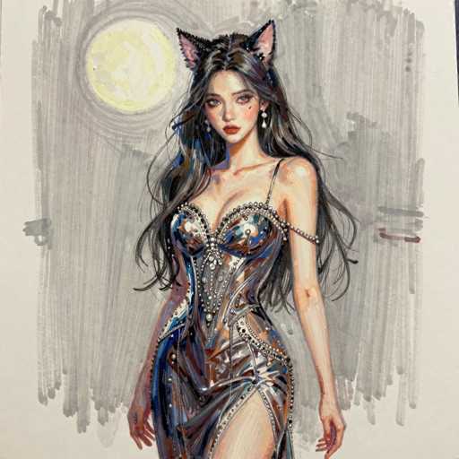 This detailed painting depicts a young woman, possibly of Asian descent, with long, dark brown hair cascading past her chest. She is adorned with cat ears, pink on the inside, and a heart tattoo under her left eye. Her attire is a striking, metallic dress with a one-shoulder design, embellished with beads and sequins, giving it a shiny, reflective appearance. The dress features a high slit on her left leg, revealing her skin. She accessorizes with long, dangling earrings and wears red lipstick. The background is a grayish hue, with a prominent yellow moon in the upper left corner, casting a soft glow over the scene. The overall composition is square, with the woman's head centered and her body extending downward, cut off just below the knee. The painting's style combines elements of realism and fantasy, creating a captivating and ethereal atmosphere.