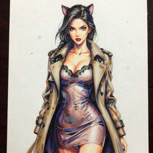 This detailed illustration depicts a young woman with long, dark hair styled in a braid that drapes over her left shoulder. She has striking cat ears, pink on the inside, adding a whimsical touch to her appearance. Her attire is a sheer, lacy dress that reveals a black bra underneath, paired with a tan trench coat that features black buttons and a black belt. The dress is short, ending just above her knees, and the trench coat extends to her shins. She has a fair complexion, dark eyes, and dark red lips, enhancing her captivating look. The background is a simple white, with a few pink dots scattered around, and the entire image is framed by a black border. The woman's direct gaze at the viewer adds to the overall allure and intensity of the illustration.