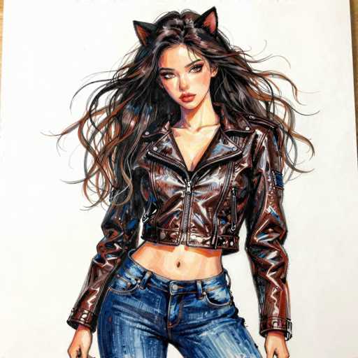 This detailed illustration depicts a young woman, likely in her late teens or early twenties, with long, wavy brown hair that cascades down to her waist. She has striking features, including large eyes, a small nose, and full lips. Her attire consists of a cropped brown leather jacket, zipped up to her chest, and blue jeans. Notably, she wears cat ears on her head, adding a whimsical touch to her appearance. The image is set against a white background, with a hint of a brown table visible on the right side. The overall style of the drawing is reminiscent of a comic book or graphic novel, capturing a blend of realism and stylized elements.