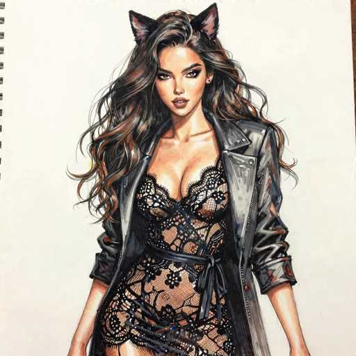 This detailed illustration, likely created with colored pencils or watercolor, depicts a young woman with long, wavy brown hair cascading past her shoulders. She has a tan complexion and is adorned with cat ears, adding a whimsical touch to her appearance. Her attire consists of a black lace negligee, accentuated by a black belt tied at her waist, and a long black leather trench coat with sleeves rolled up to her elbows. The woman's expression is serious, and she gazes directly at the viewer. The background is a light gray, and the image is framed within a spiral-bound notebook, with the binding visible on the left side. The overall style of the illustration is detailed and somewhat realistic, capturing the textures and depth of the woman's features and clothing.