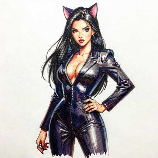 A digital illustration of a woman with long, flowing black hair and cat ears, wearing a stylish black leather jumpsuit. She has a confident pose with one hand on her hip and the other resting on her waist, looking directly at the viewer. The style is reminiscent of a comic book or anime illustration, with bold lines and vibrant colors.