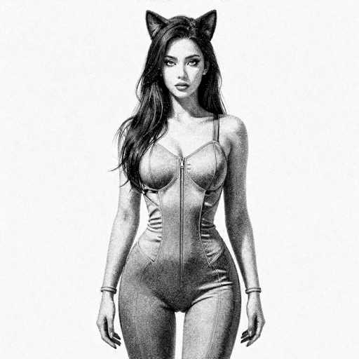 This black and white pencil drawing depicts a young woman, likely in her late teens or early twenties, with long, wavy hair cascading over her right shoulder. She has a slender build and is adorned in a form-fitting, one-piece bodysuit that zips up the front, accentuating her figure. The bodysuit features thin straps over her shoulders and is complemented by bracelets on both wrists. Her hands rest at her sides, with her fingers slightly curled. Adding a whimsical touch, she wears cat ears on her head. The background is a light gray, providing a subtle contrast to the detailed shading of the figure.
