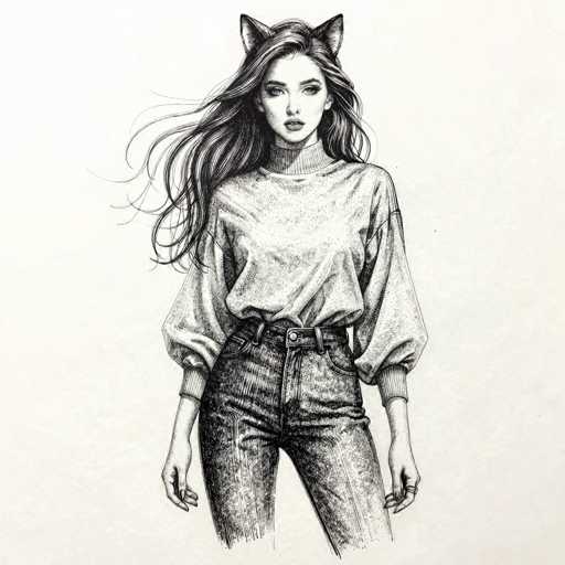 This black and white pencil drawing depicts a young woman with long, flowing hair that cascades down to her waist. She is dressed in a loose, baggy white shirt with puffy sleeves that extend to her wrists, paired with blue jeans that are secured with a belt. The woman has a neutral expression on her face, with her lips slightly parted, and she gazes directly at the viewer. Notably, she has cat ears protruding from the top of her head, adding a whimsical touch to the otherwise realistic portrayal. The drawing is set against a plain white background, emphasizing the intricate details of her attire and features.