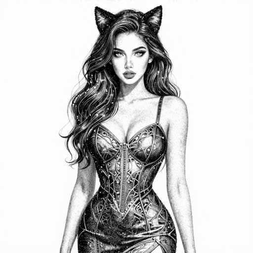 This black and white illustration features a young woman with long, wavy hair cascading down to her chest. She is adorned with cat ears, adding a whimsical touch to her appearance. Her attire is a corset-like dress with intricate patterns, including swirls and lines, and it features a zipper running down the front. The dress has a high slit on the left side, revealing her leg. Her arms hang straight down by her sides, and she gazes directly at the viewer with a neutral expression. The background is stark white, emphasizing the detailed shading and texture of the drawing, which appears to be done in pencil. The overall style is somewhat cartoonish, with a focus on the woman's striking features and elaborate dress.