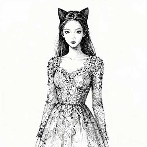 This black and white illustration features a young woman with long, dark hair cascading down her back. She is adorned with cat-like ears, adding a whimsical touch to her appearance. Her attire is a long-sleeved dress with a deep V-neck, intricately decorated with floral patterns and beads. The dress cinches at the waist and flares out into a full skirt, though the hem is not visible in the image. The woman's expression is neutral, and she gazes directly at the viewer. The background is a light gray, providing a subtle contrast to the detailed and ornate dress.