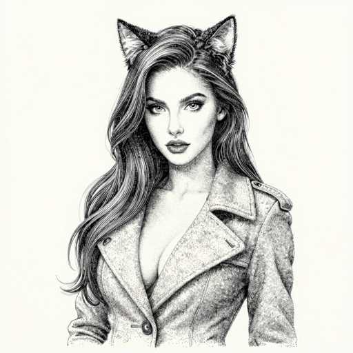 This black and white illustration features a striking, detailed portrait of a woman with long, wavy hair cascading over her right shoulder. Her hair is parted on the left side, with a braid running through the middle. She has large, expressive eyes and full lips, and her gaze is directed straight at the viewer. The woman is adorned with cat ears, which are pointed and fuzzy, adding a whimsical touch to her appearance. She is dressed in a light-colored trench coat with a wide lapel, fastened with a single button at the bottom. The coat's collar is folded down, and the fabric appears to have a speckled texture. The background is a light gray, providing a subtle contrast to the intricate details of her figure.