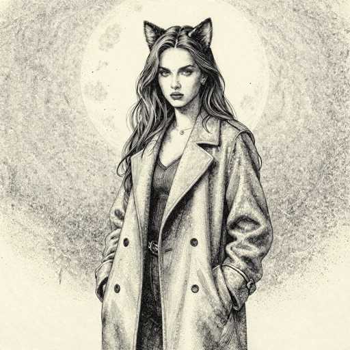 A detailed, black and white illustration of a young woman with long, wavy hair wearing cat ears. She's dressed in a stylish trench coat and a dark top, with her hands casually tucked into the pockets. She's looking directly at the viewer with a slightly intense expression, set against a backdrop of a large, textured moon. The overall style is reminiscent of a detailed sketch or engraving, with fine lines and shading creating depth and texture. The lighting is soft, highlighting the woman's face and clothing while leaving the background with a slightly hazy quality.