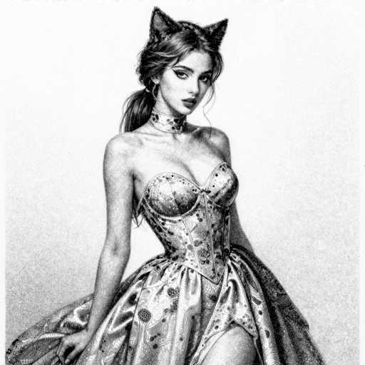 A detailed black and white pencil drawing of a woman dressed in an elaborate, ornate gown with cat ears. The woman is positioned against a plain white background and looks directly at the viewer, her expression serious and captivating. The gown features intricate patterns and a fitted bodice with a full skirt, while the cat ears are attached to her hair. The drawing is highly detailed and showcases a strong sense of texture, with shading that creates depth and dimension. The overall style is reminiscent of a fashion illustration or a portrait in the vein of Art Deco, with a focus on elegance and sophistication.