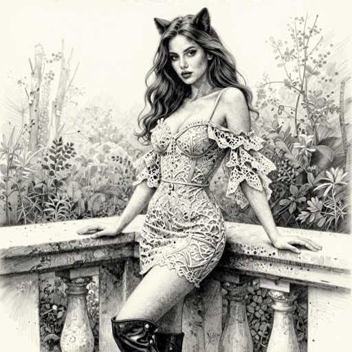 A detailed, intricate black and white pencil drawing of a woman with long, wavy hair wearing a lace dress with cat ears. She is leaning against a decorative balcony railing, looking directly at the viewer with a slightly seductive expression. The background is filled with lush foliage and detailed plants, creating a whimsical, fantastical atmosphere. The drawing has a high level of detail and texture, showcasing the delicate lace and intricate patterns in the dress. The lighting is soft and dramatic, highlighting the woman's features and the details of her attire.