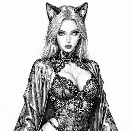 This black and white illustration features a young woman with long, wavy blonde hair cascading down her back. She has striking blue eyes and full lips adorned with lipstick, and her face is framed by cat-like ears that are black with white fur inside. She wears a lacy, low-cut corset with intricate floral patterns, which is accentuated by a chain that wraps around her chest and waist. Over the corset, she dons a sheer, floral-patterned robe that drapes elegantly around her arms. The background is stark white, emphasizing the detailed and ornate attire of the woman, who gazes directly at the viewer with a captivating expression.