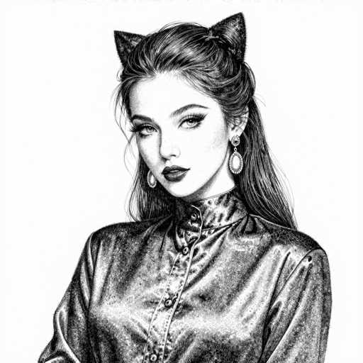 This black and white pencil drawing depicts a young woman, likely in her late teens or early twenties, with a striking and somewhat mysterious appearance. She has long, dark hair styled in a half-up, half-down fashion, with bangs swept to the side and the rest of her hair pulled back into a ponytail. Her hair is adorned with cat ears, adding a whimsical touch to her look. She has large, expressive eyes accentuated by long eyelashes and dark eyeshadow, and her lips are painted a bold, dark shade. She wears dangling earrings that resemble pendants. Her attire is a high-necked, long-sleeved shirt or dress, possibly made of a shiny material like satin or silk, with buttons running down the front. The drawing captures her from the chest up, and she gazes directly at the viewer with a serious expression. The background is stark white, emphasizing the intricate details of her face and attire.